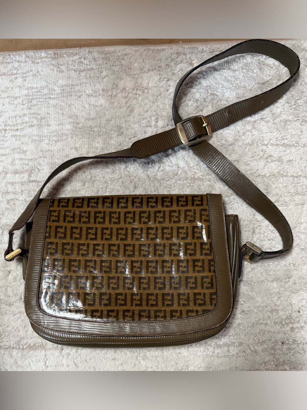 Authentic Vintage Fendi Zucchino FF logo crossbody bag w/saddle style flap